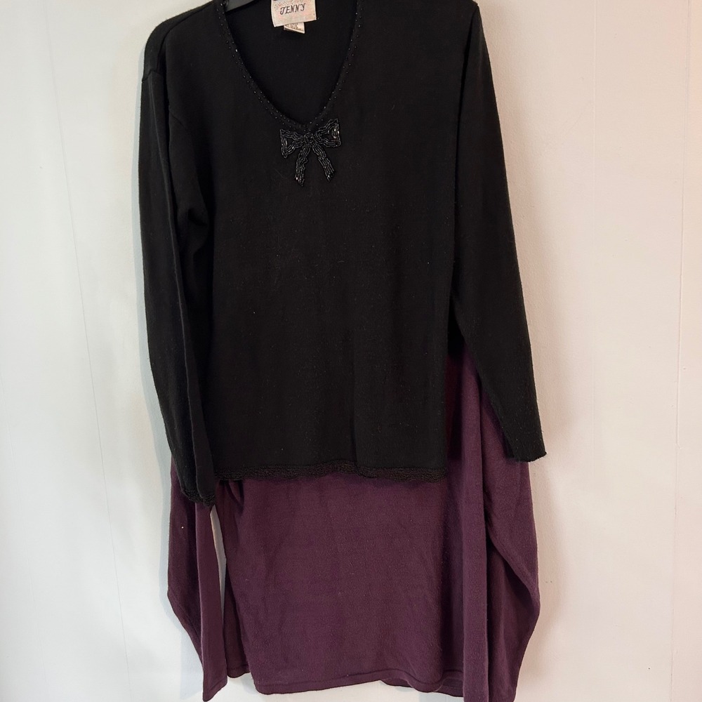 Jenny Beaded Sweater Set Womens XL‎ Black Bow Purple Faux Necklace Knit Lot 2pc